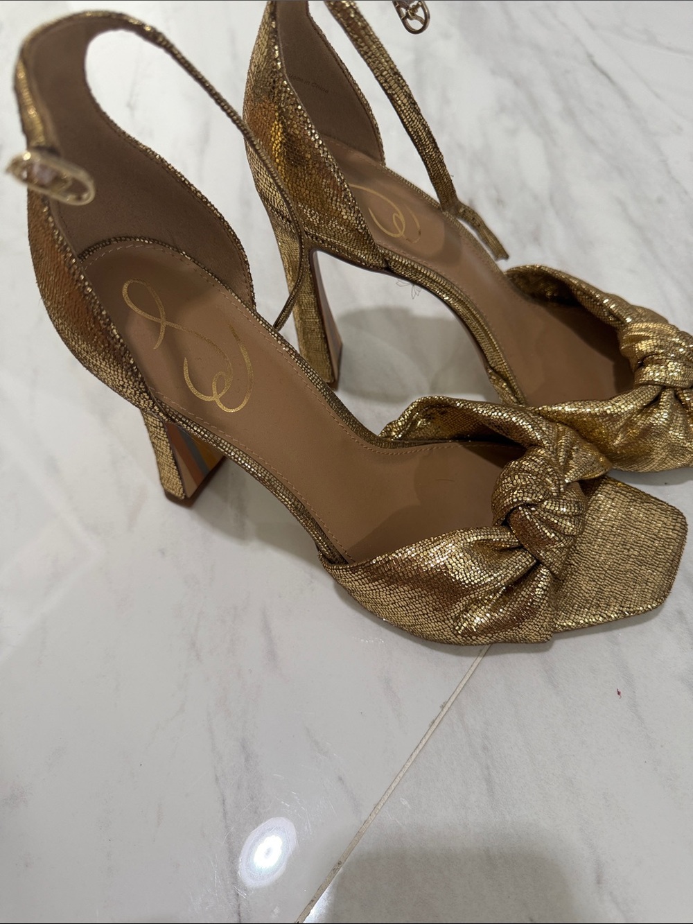 Sam Edelman Metallic Gold Knot Front Block Heel Sandals - Picture 2 of 5